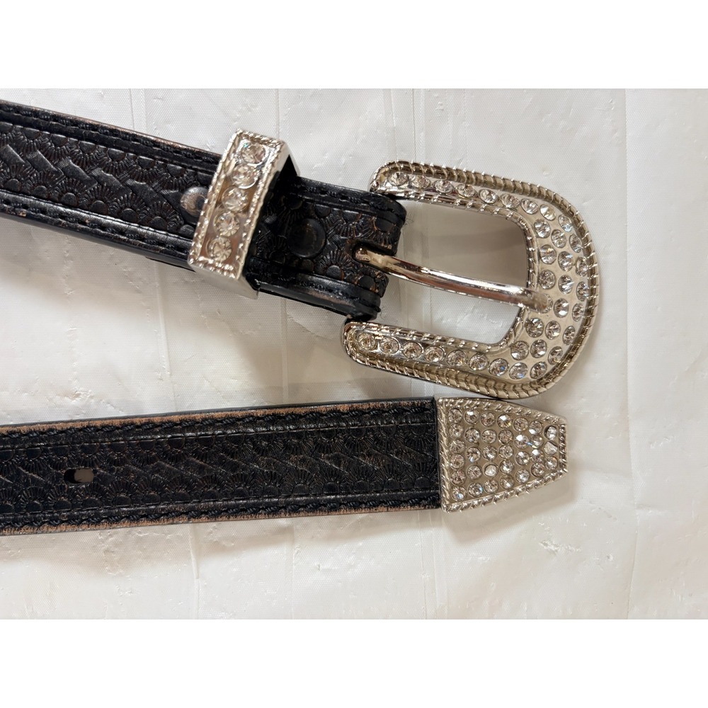 Roper Black Top Grain Leather Belt Size S 35 in Rhinestone Buckle Model #8414790